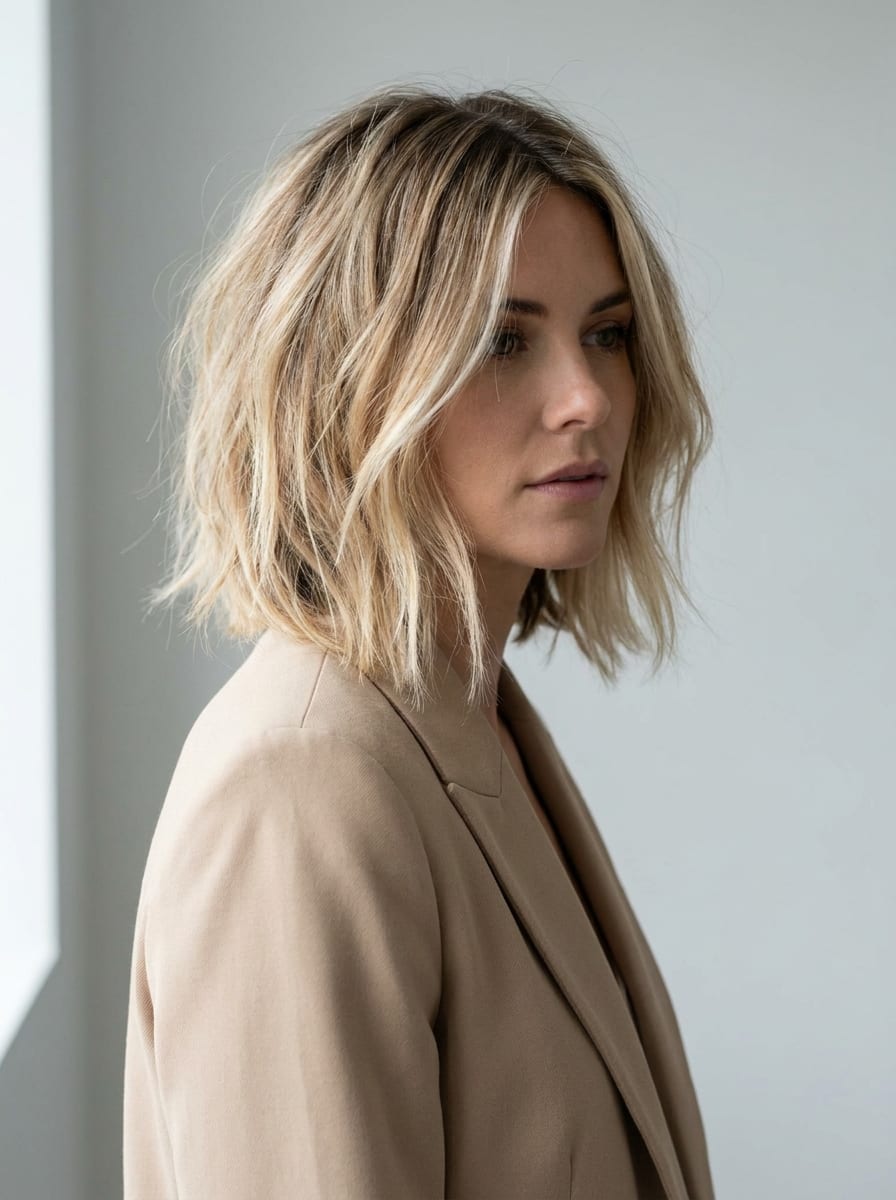 Bob mit dunklerem Ansatz und hellem Blond - Mittellanger blonder Bob
